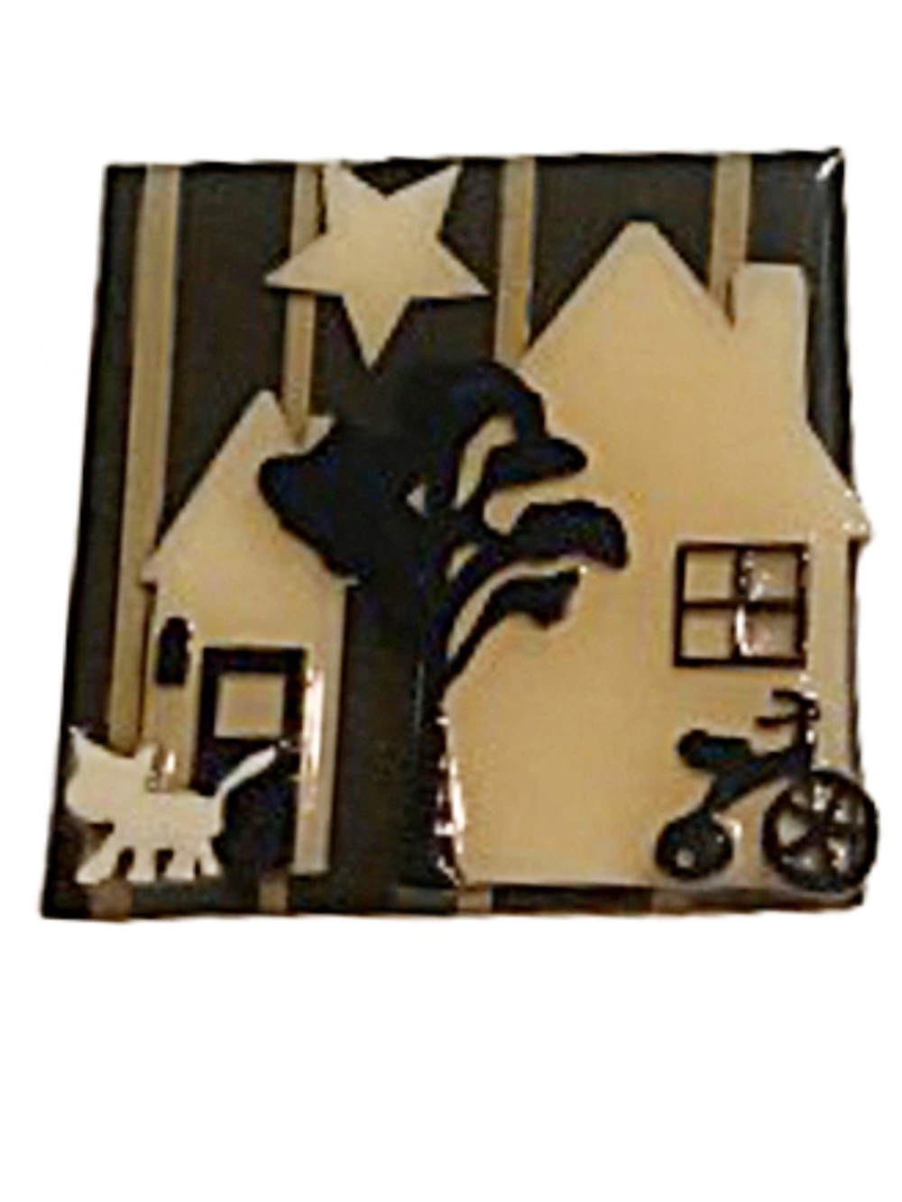 Lucinda - House Pin - Sticker - White Cat - Tricycle - 2 Houses - Tree -Star